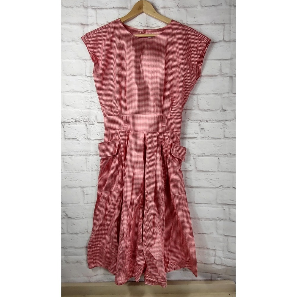 Gingham Sleeveless Dress Small Red White Cottagecore Prairie Pockets VOIR